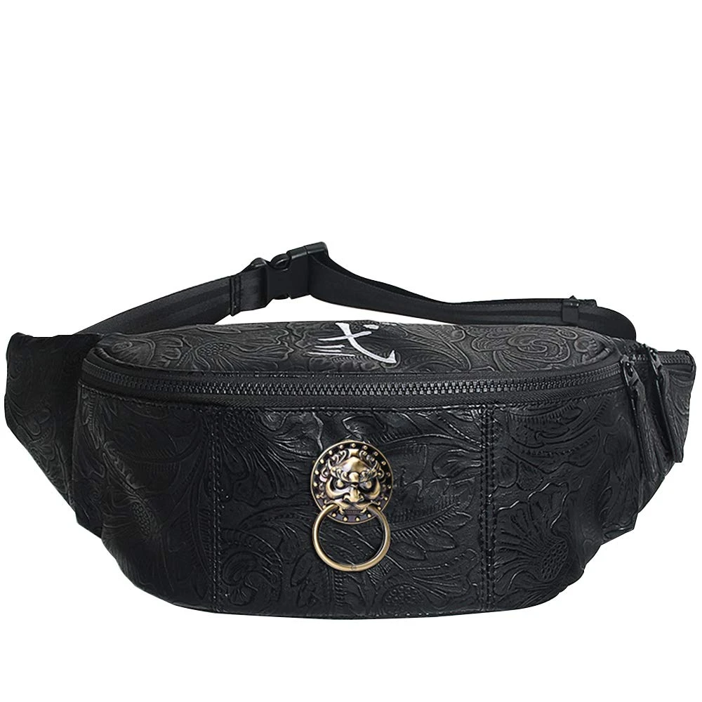 Riñonera de cuero para hombre mujer, bolso de cintura de estilo chino con cabeza de león, informal, con patrón Floral Vintage|Riñoneras| - AliExpress