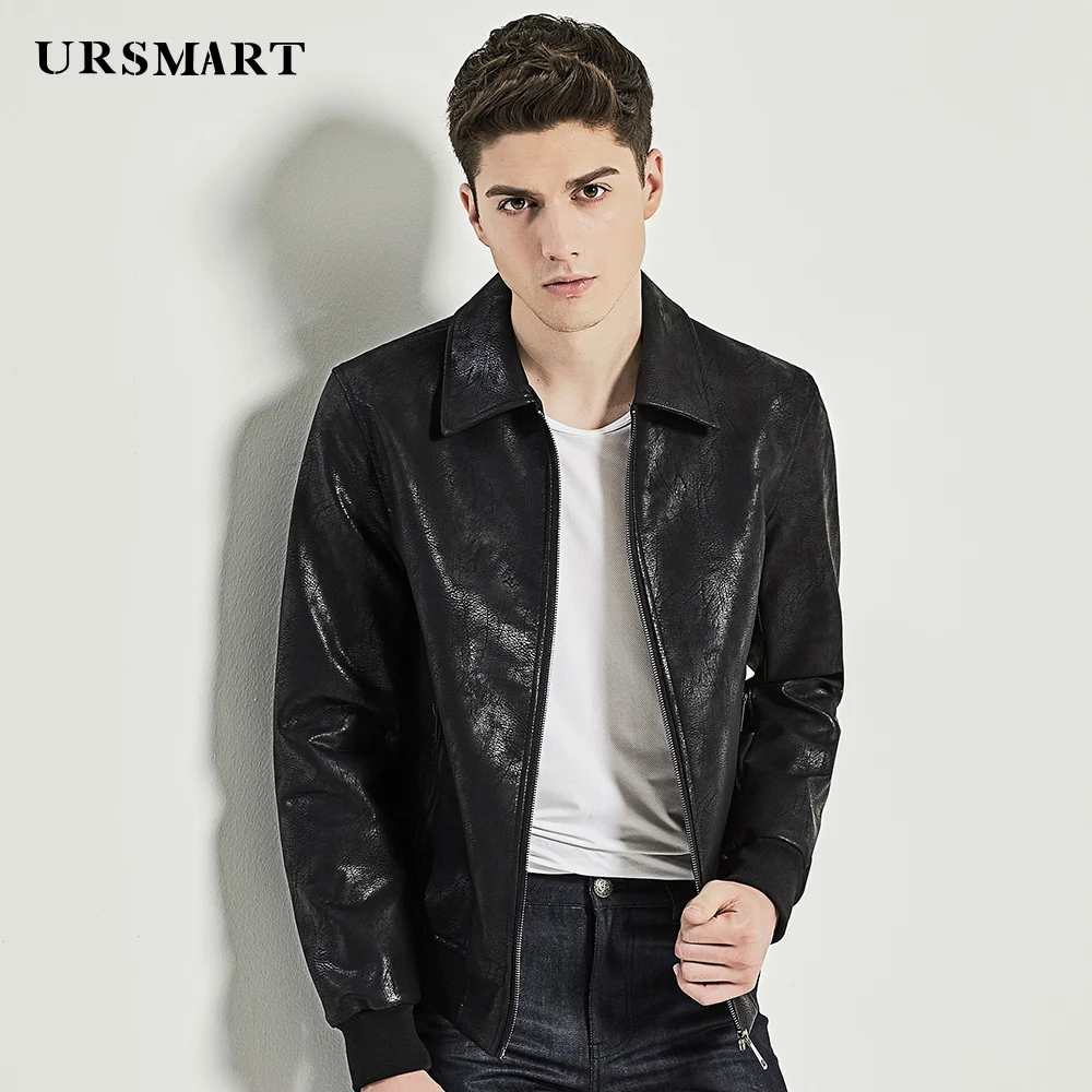 

URSMART Autumn winter new black men's leather jacket style small square neck jacket men's jacket retro leather jacket men