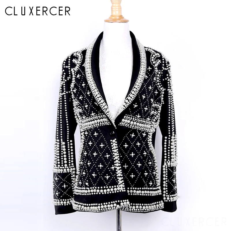 

CLUXERCER Brand Blazer Women Coat Heavy Hand Made Beads Suit Jacket Long Sleeve Designer Outerwear Blazers Feminina