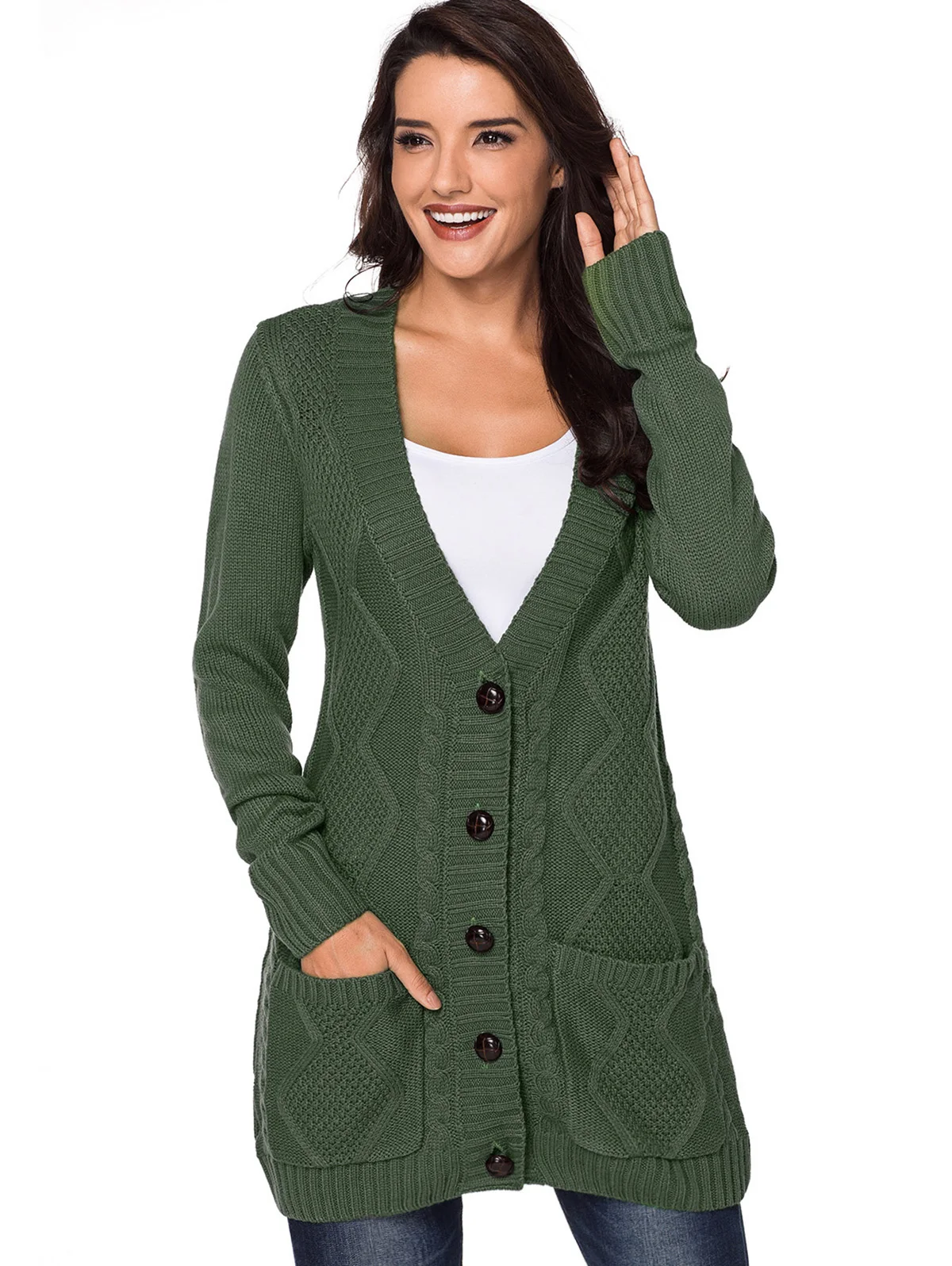 2018 Douille Avant light Pull De À Cou Bouton Solide Automne Cardigan Noir army Poches Profonde Mode Nouveau Pleine Gray Femmes Up Long Green V Outwear qzqwF