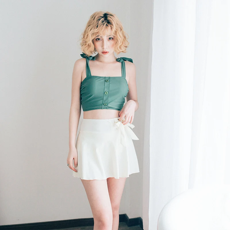 

2019 New Young Girl High Waist Skirt Swimsuit Tie Rope Two pieces Suit Button Split Swimwear Beach Women Bathing Suits