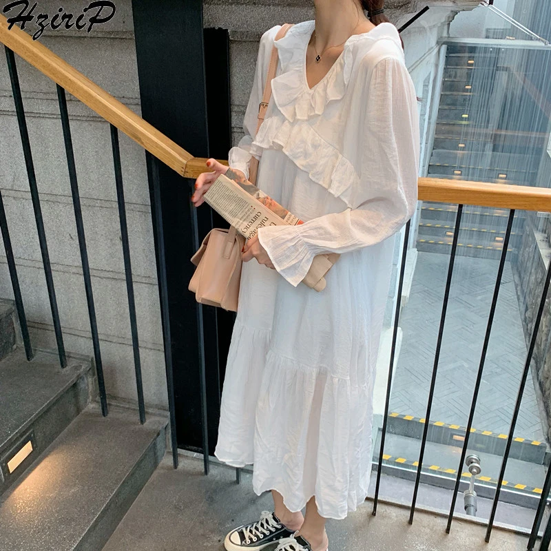 

HziriP Korean Women Spring Summer Dresses Sweet 2019 Long Sleeve V-Neck Lazy Style Casual Loose Solid Loose Women's Clothing