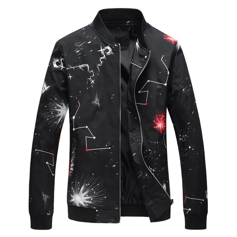 

2018 Fashion Style Bomber Jacket Men Stand Collar Black White Floral Printing Jackets and Coats New Mens Windbreaker Jackets 5XL