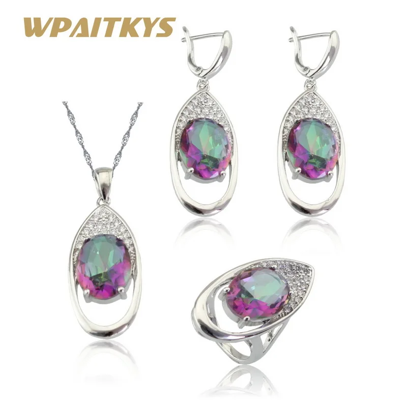 

WPAITKYS Multicolor Rainbow Crystal Silver Color Jewelry Sets For Women Earrings Necklace Pendant Ring Free Gift Box