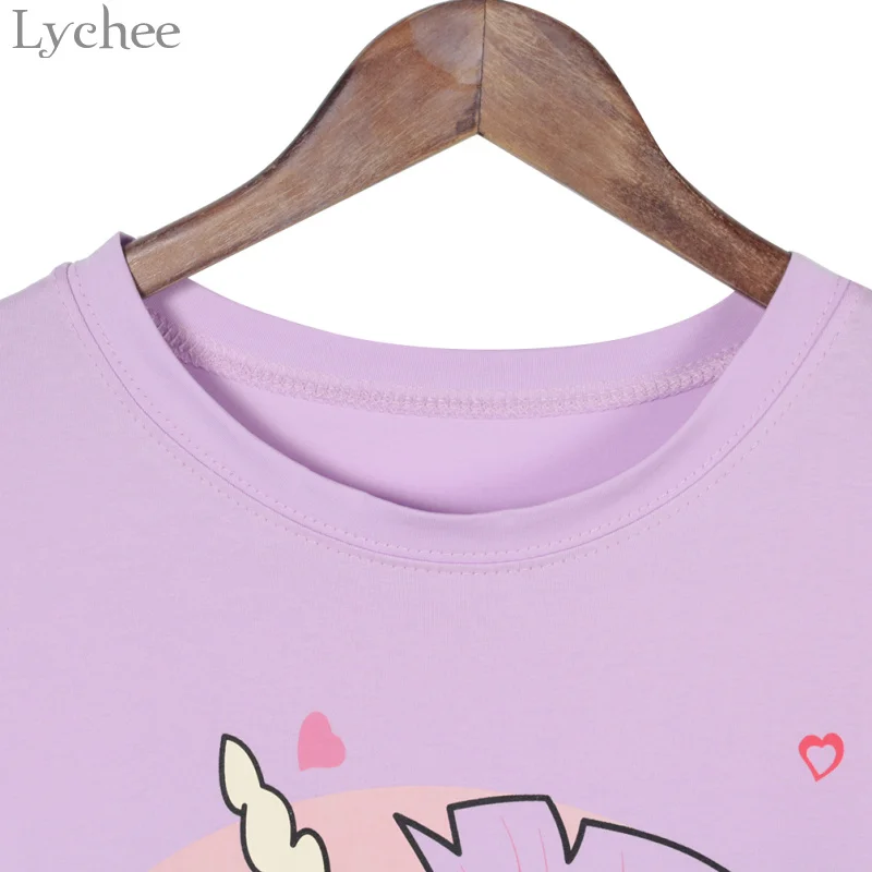 Личи Kawaii единорог с принтом в виде сердца летняя футболка для девочек