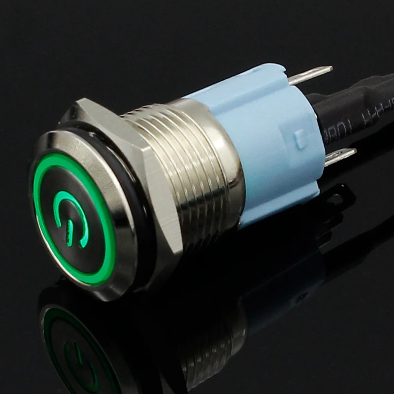 Металлический кнопочный переключатель, светильник, 16 мм, плоская головка, моментальная перезагрузка, 5 В, 12 В, 24 В, 220 В, кнопочный, водонепроницаемый, светодиодный, металлический переключатель
