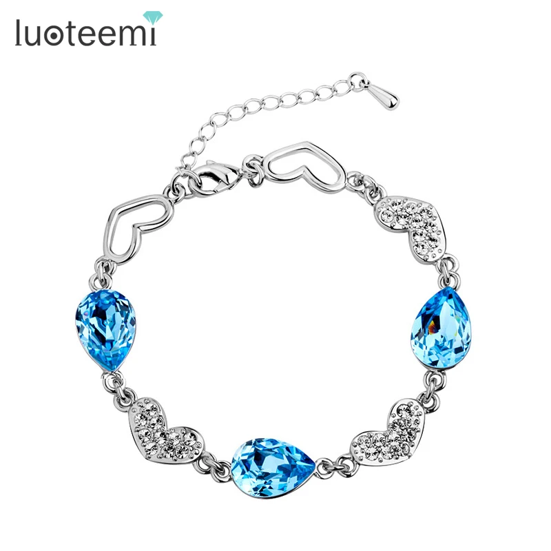 

LUOTEEMI Factory Wholesale Quality Shining Fshion Design Blue Austrian Crystal Women Size Adjustable Bracelet White Gold-Color