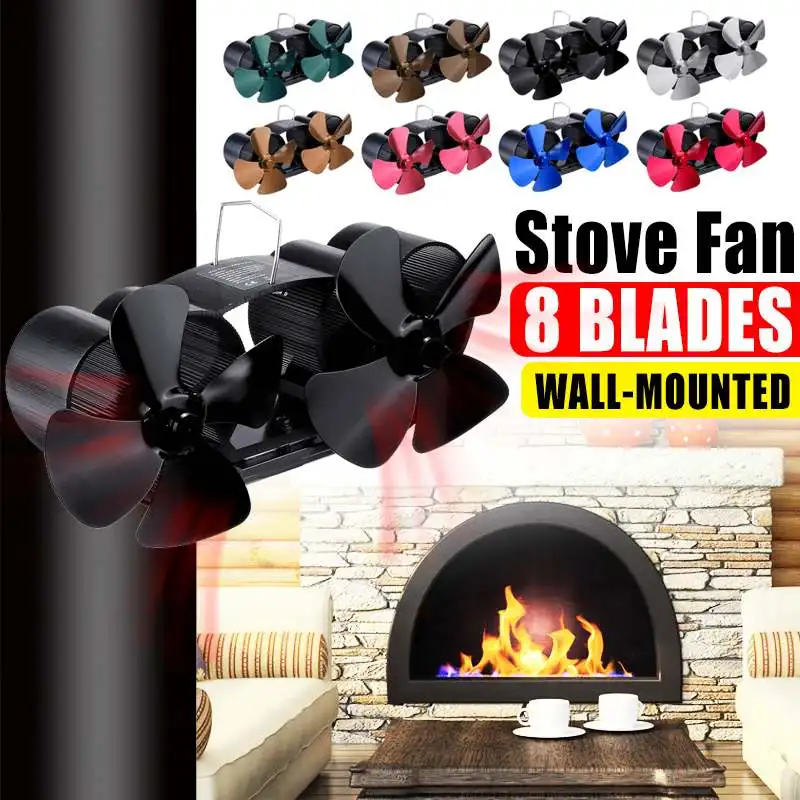 Comprar Ventilador de estufa montado en la pared de doble cabeza 8 aspas ventilador para hogar quemador de madera komin ventilador ecológico distribución eficiente del calor en el hogar