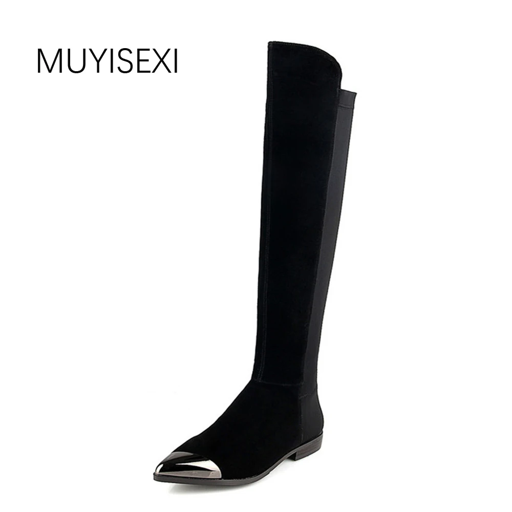 Черные женские сапоги до колена с металлическим острым носком осенне-зимние теплые сапоги из натуральной кожи на плоской подошве размера плюс 34-43, YT09 muyisxi