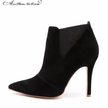 Демисезонная женская обувь из коровьей замши Обувь Высокие каблуки пикантные вечерние Насосы женские Модные с острым носком Ботильоны на тонких каблуках 34-41