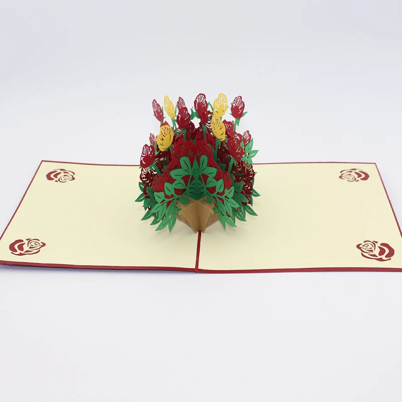  3D Laser Cut Handmade Carving Rose Flower Basket Paper Invitation Greeting Cards PostCard Wedding V - 32795331806