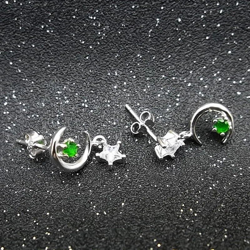 

LANZYO 925 Sterling Silver natuarl Diopside Star Moon Stud Earrings Girls Birthday Gift Fine Jewelry Woman e2.52.501agt