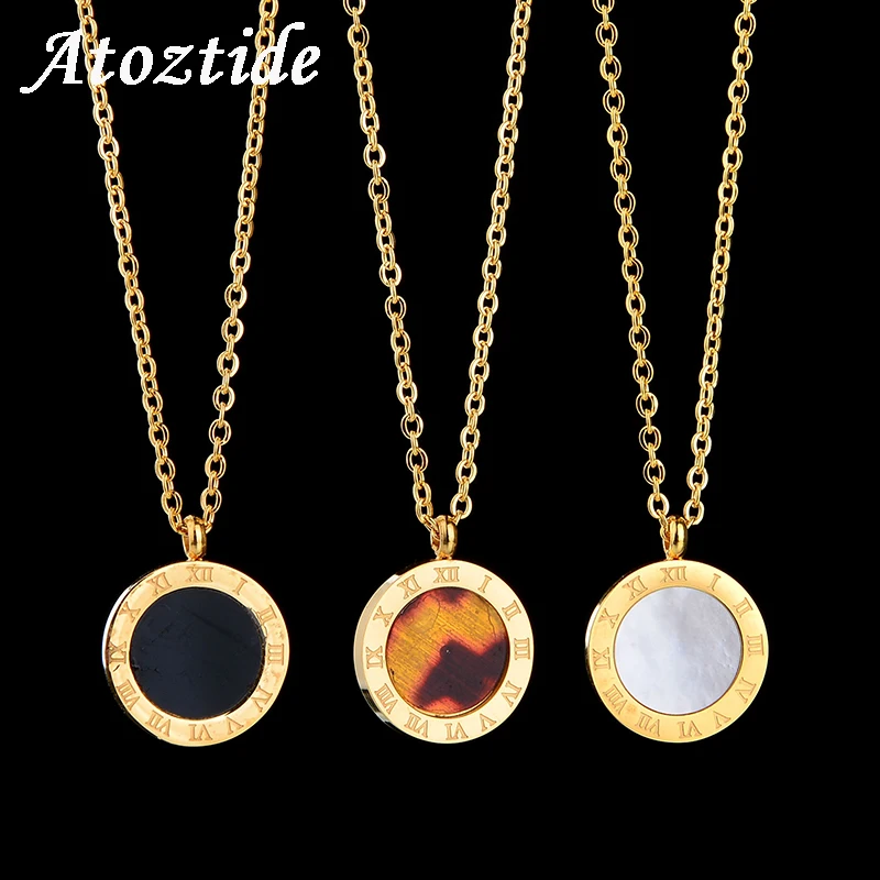 

Atoztide Fashion Brand Roman Numbers Shell Necklace For Women Luxury Logo Stainless Steel Pendant Necklace With Link Chain