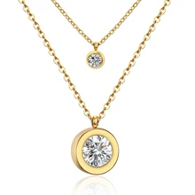 2016 Fashion 316L Stainless Steel Women Fashion Jewelry CZ Diamond Double Pendants Necklace Gold Plated Gold