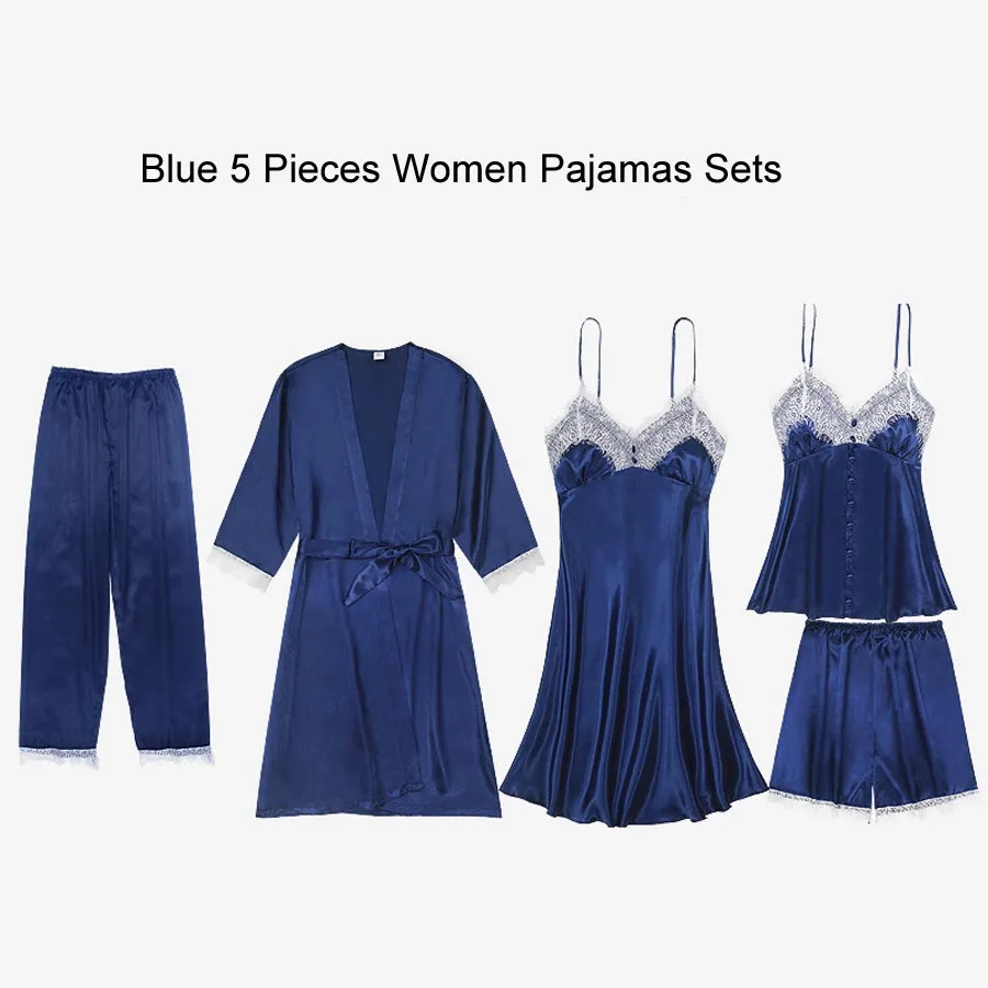 Сексуальный халат и платье наборы для женщин атласная одежда для сна комплект из 5 предметов летний домашний вечерний комплект с платьем Slik кружевное ночное белье халат сексуальное ночное платье - Цвет: Blue Pajama Set (1)