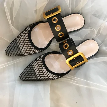 

New Air Mesh Patent Leather Weaving Summer Fashion Women Slippers Metal Buckle Pointed Toe Shallow Flat Shoes Women Sandals 2019