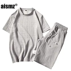 Aismz летние комплекты Для мужчин спортивной костюм Новая брендовая одежда дышащая короткий рукав и шорты 2 шт. Спортивная одежда пляжные