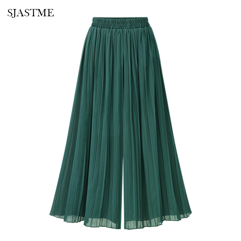 

SJASTME 2018 High Waist Pants Green Black Frill Waist Chiffon Wide Leg Pants Women Elegant Trousers Casual Loose Streetwear