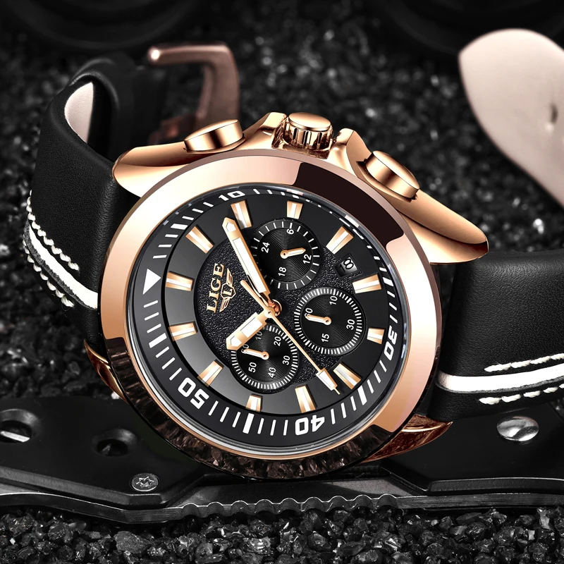 2018 Mens Watches LIGE Top Luxury Brand Male Leather Multi-function Quartz Watch Mens Waterproof Sport Clock Relogio Masculino