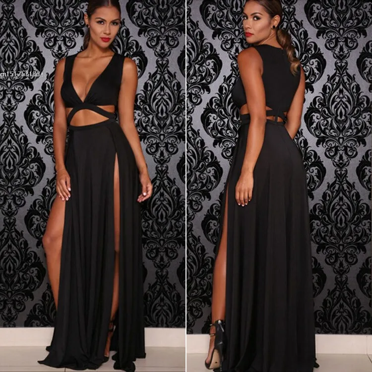 

2019 Women Sexy Sleeveless V-neck High Slit Hollow Out Bodycon Bandage Dress for NightClub Party Long Wrap Maxi Dress Vestido u2