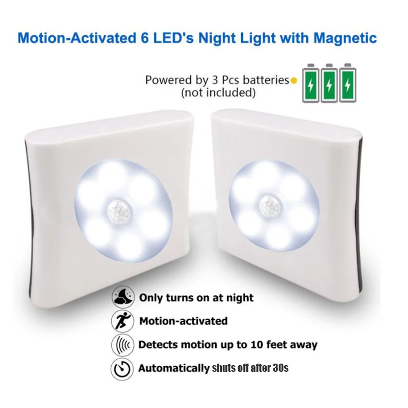 Светодиодный светильник на батарейках 6 светодиодный датчик движения настенный светильник Индукционная лампа Магнитная лестница шкаф под шкаф квадратный ночной Светильник