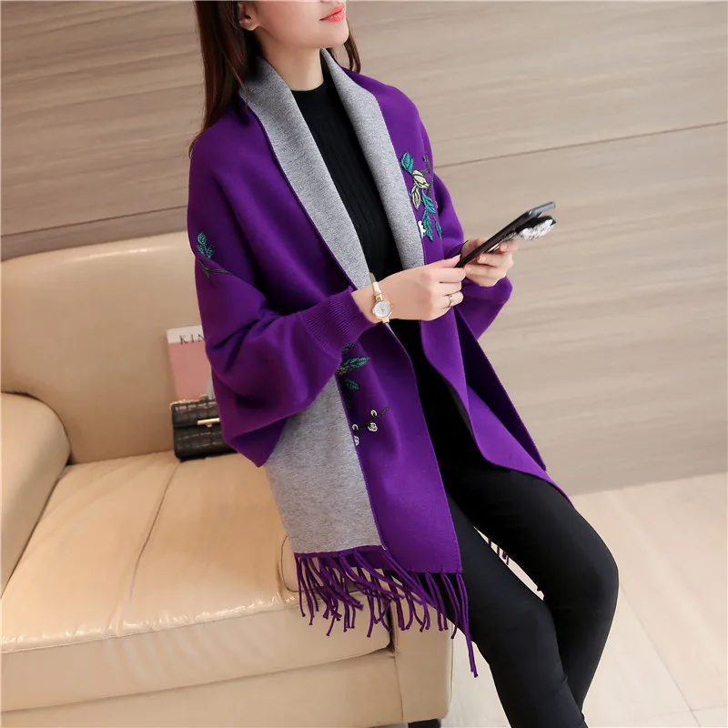 Высокое качество осенний женский элегантный кашемировый кардиган с вышивкой и кисточками, свитера с рукавами летучая мышь, шарф, накидка, верхняя одежда