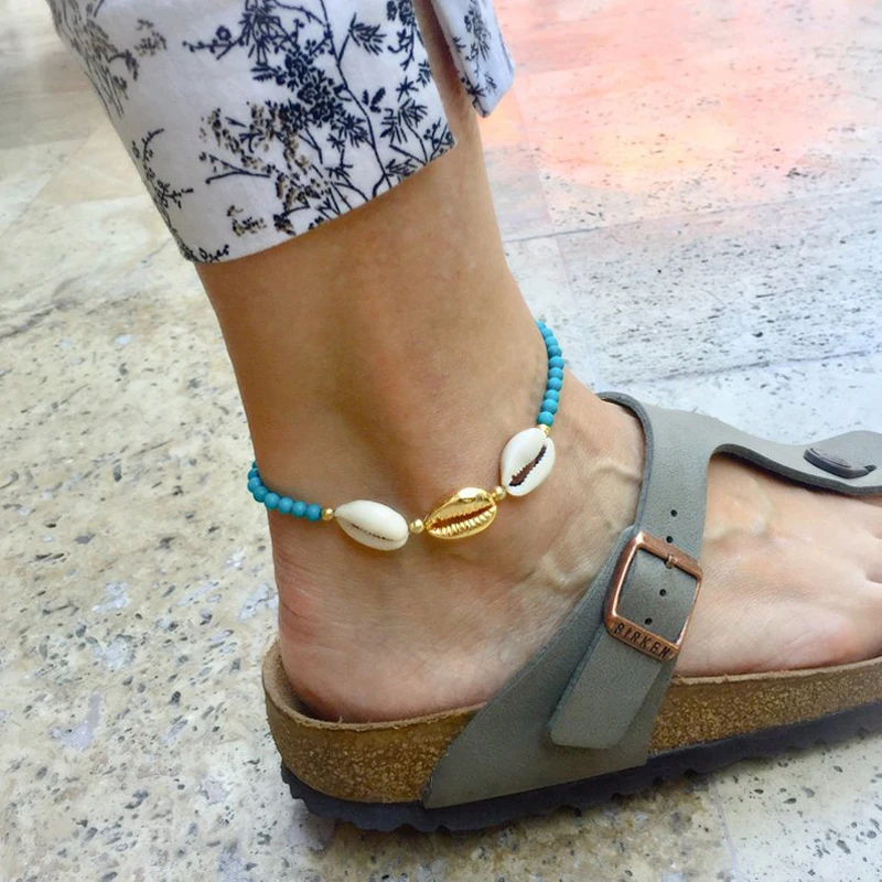 

KBJW New Arrival Simple Boho Jewelry Ankle Blue Nature Stone Beads Cowry PUKA Shell Charm Anklet Handmade Jewelry for Women