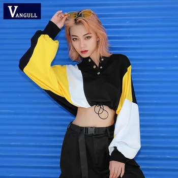

Vangull Summer Splice Hoodie Women Crop Sweatshirt 2019 Fashion Adjustide High Waist Tops Autumn Front Buttons Long Sleeve Top