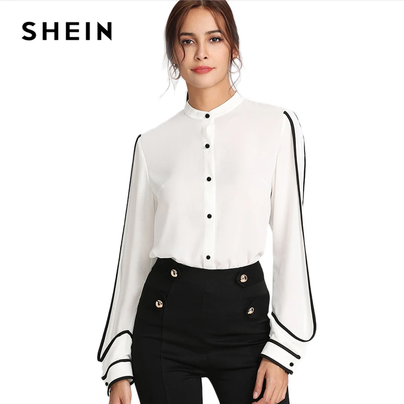 SHEIN Белая Блузка С Элегантным Воротником Стойкой Осенний Топ Длинными Рукавами И