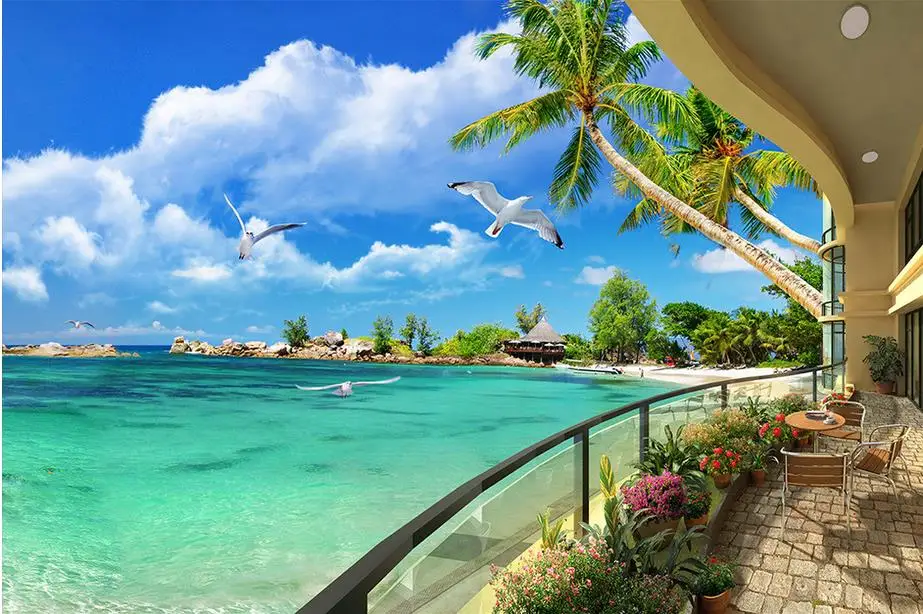 3D TV backdrop balcony Seaview 3d room wallpaper landscape papel parede