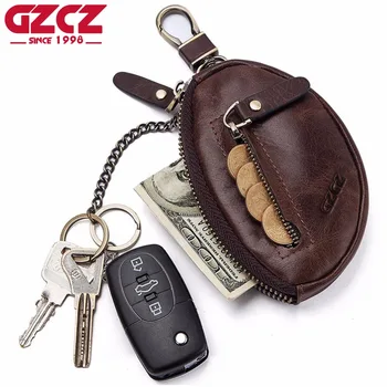 

GZCZ New Genuine Leather Keychain Men Women Key Wallet Organizer Zipper Poucht Key Bag Purse Housekeeper Key Case Mini Card Bag