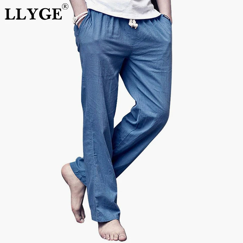 LLYGE Cotton Linen Mens Long Pants Plus Size 5XL Leisure Black Blue