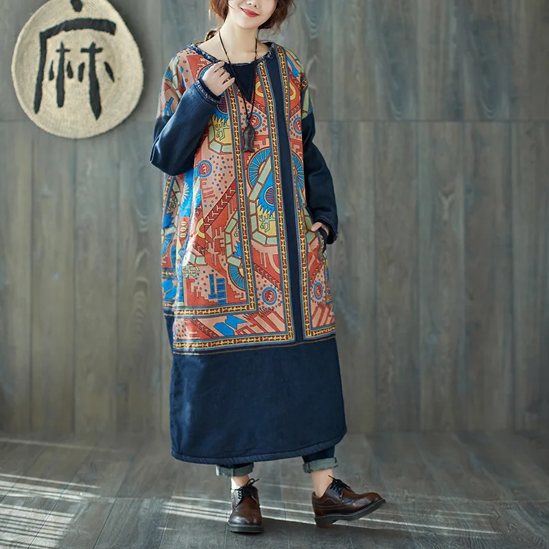 

Free Shipping 2018 New Fashion Plus Size Loose Long Mid-calf Cotton One-piece Dress Autumn And Winter Thick Fleece Dresses