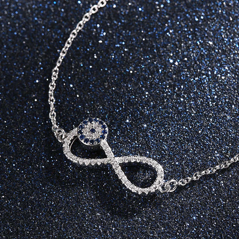 ELESHE 925 Sterling Silver Chain Link Women Bracelet Bangle Blue Rhinestone Lucky Eye&Infinity Charm Bracelet for Women Jewelry