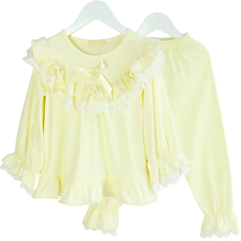 Yellow Пижамный комплект для девочек, новинка года, Детская Хлопковая пижама с принцессой с длинными рукавами, кружевная одежда для маленьких девочек, модная детская одежда для детей 2, 6, 8, 10, 11 лет - Цвет: Yellow