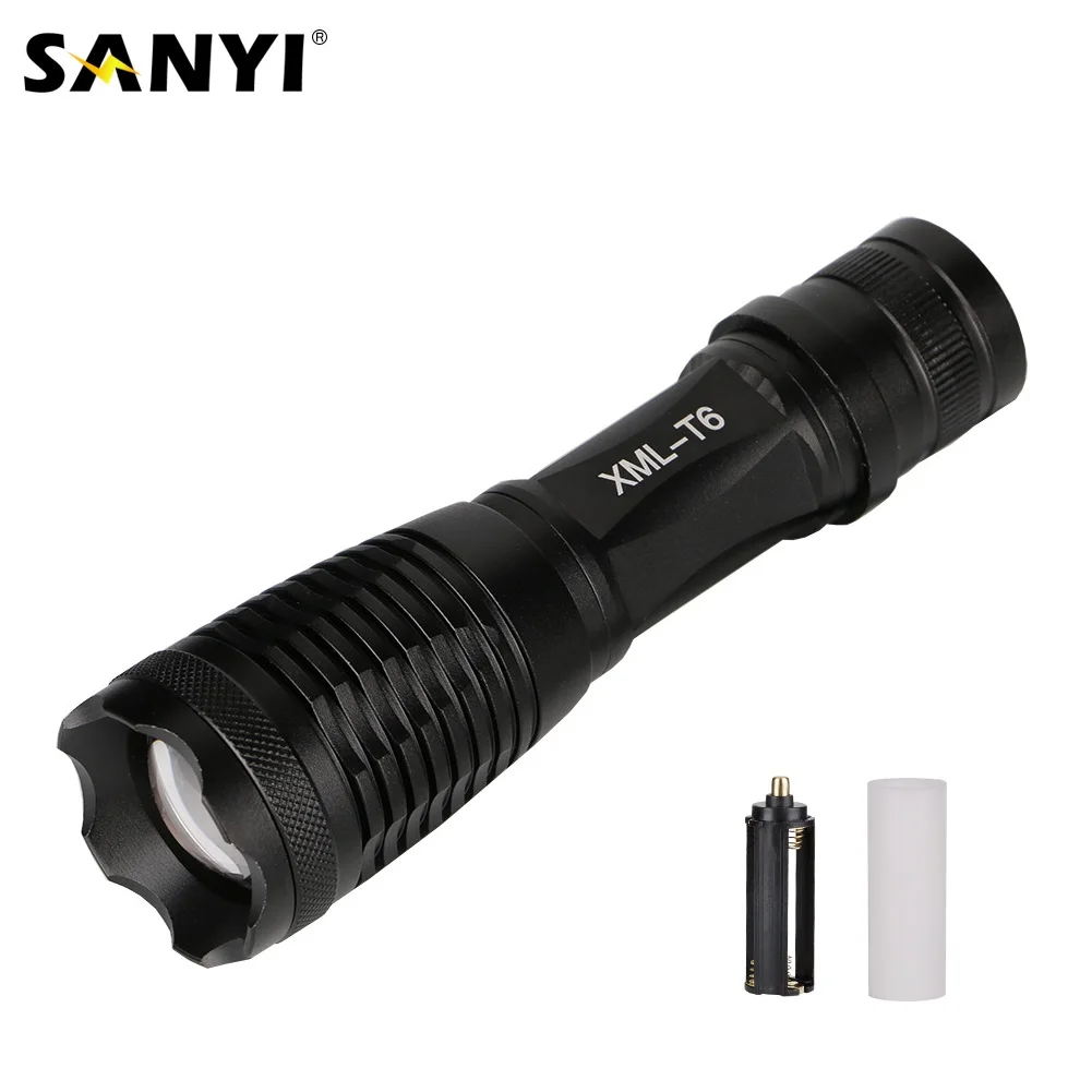 

Sanyi Powerful T6 LED Zoomable Flashlight Portable Camping Lamp 18650 Torch Lights Lanternas Self Defense Tactical Flashlight