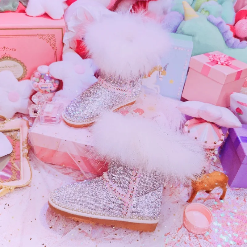 

Fox Fur Boots Rhinestone Women Winter Shoes Warm Mid-Calf Boots Women With Sheep Fur Platform Snow Boots Sheep Skin Shoes Botas