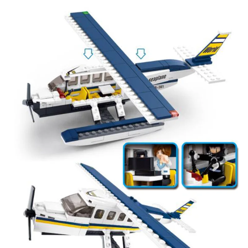 

214pcs/Set B0361 ABS Building Assembling Blocks Seaplane Aircraft Airplane with 2 Dolls Model Toys for Children Kids Gifts