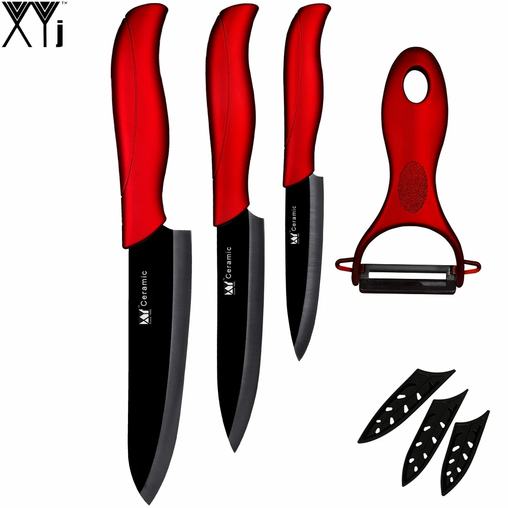 

New year ceramic knife set 3" paring 4" utility 5" slicing knife peeler black blade+red handle XYj New Year gift kitchen knife
