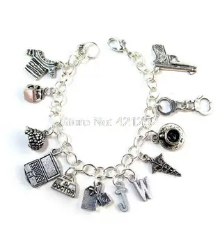

12pcs Sherlock holmes inspired bracelet John Watson style Charm Bracelet silver tone doctor Charms bracelet
