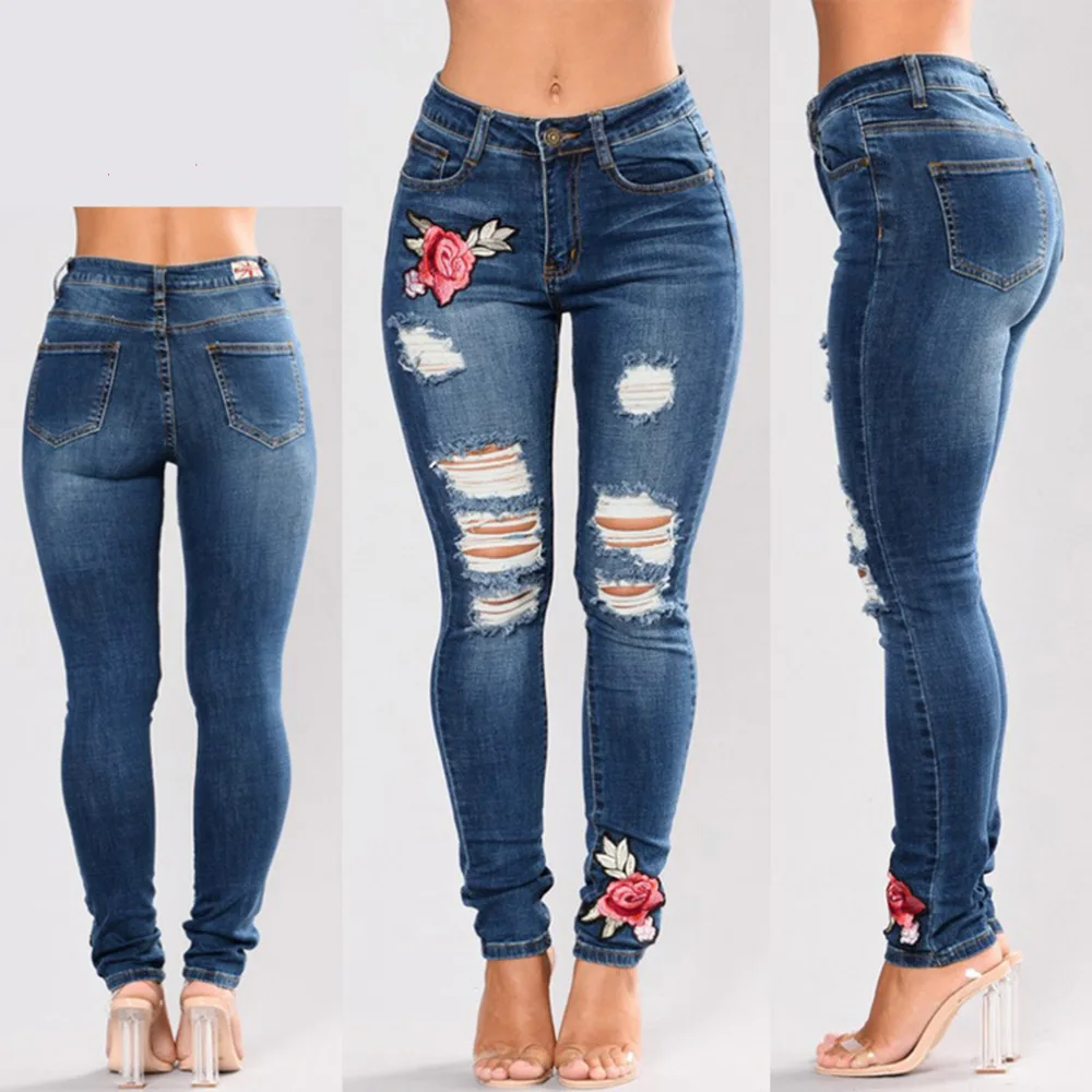 New Plus Size Blue High waist Pencil Ripped Floral Hole Jeans Woman Stretch Skinny Vintage Denim Pants Boyfriend Elastic Trouser