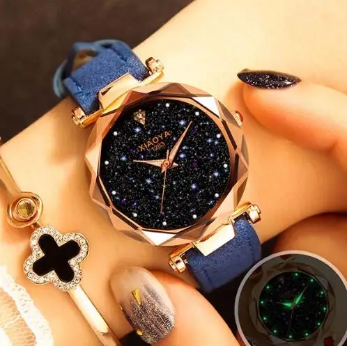 Ladies Watch New Casual Fashion Quartz Watch Starry Sky Multicolor Leather Wristwatch Simple Designer Women Clock Orologio - Цвет: blue