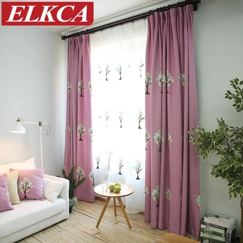 

Tree Embroidered Purple Curtains for Kids Faux Linen Blue Curtains for Living Room Cartoon Curtains and Tulle for Bedroom