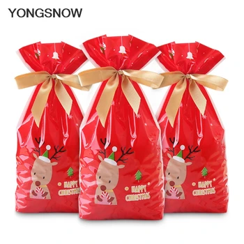 

5pcs Red Plastic Candy Bags Christmas Elk Candy Sweet Treat Bags Xmas Festival Gifts Holders Bake Biscuit Cookies Packaging Bags