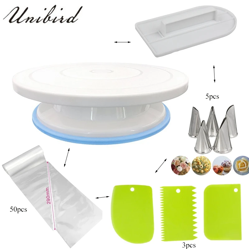 

Unibird Bakeware Sets Anti-skid Cake Turntable+Rose Icing piping Nozzles+Plastic Cream Smoother+Pastry Spatulas+Roll Pastry Bags