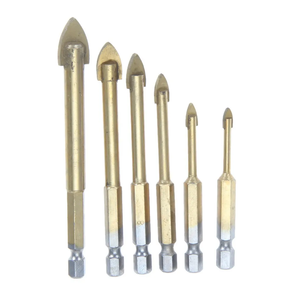 6pcs Titanium Coated Glass Drill Bit Set 3mm 4mm 6mm 8mm 10mm Hex Shank