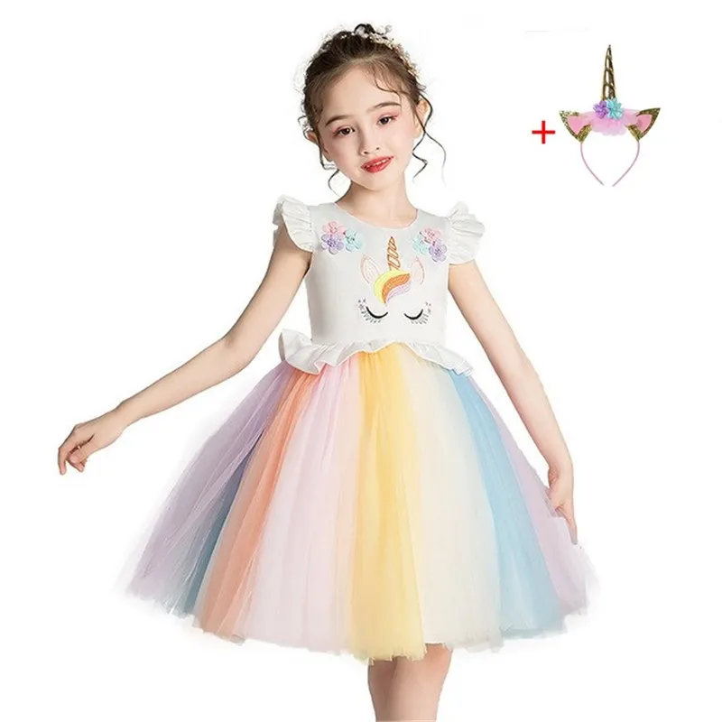 Принцессы вечерние платье Единорог Платье для девочек элегантный костюм свадебные платья для девочек fantasia infantil с повязкой на голову