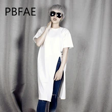 Для женщин Harajuku в стиле «хип-хоп», хлопок, короткий рукав высокое Разделение Повседневное футболка с длинными рукавами для девочек в минималистском стиле сзади белые футболки топы Femme плюс Размеры