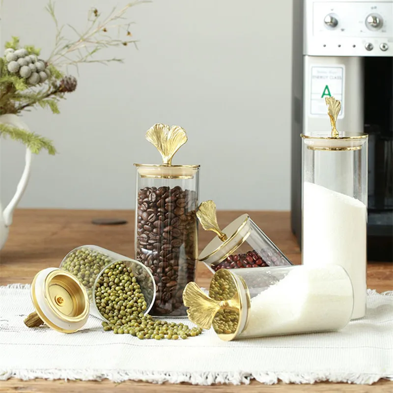 brass ginkgo leaf Glass Jar Candy jar transparent coffee bean candy cans block sealed jar Tea Storage bottle bonbonniere bocal