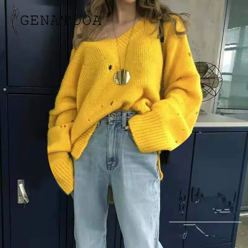 Genayua, осенне-зимний женский свитер, женский свитер с длинным рукавом, кашемировый свитер с v-образным вырезом размера плюс Jumper2019, корейский женский свободный пуловер - Цвет: yellow